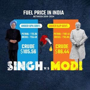 Infographic comparing fuel prices in India under UPA and BJP governments.