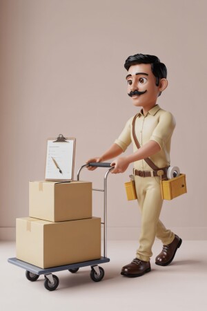 3D rendering of a delivery man pushing a cart with cardboard boxes
