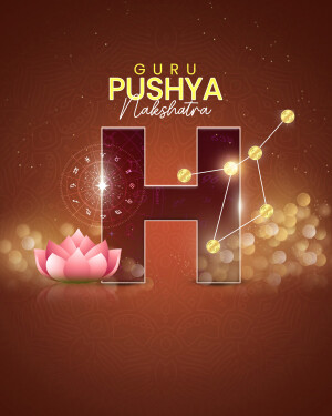 Graphic illustration for Guru Pushya Nakshatra, featuring the letter 'H' and astrological elements.