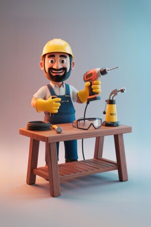3D rendering of a smiling construction worker holding a drill.