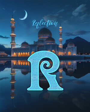 Mosque with crescent moon and the letter 'R' reflecting in water