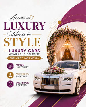 A white luxury wedding car decorated with flowers in front of a grand floral wedding arch.