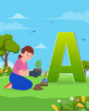 Illustration of a girl planting a seedling near a large green letter A