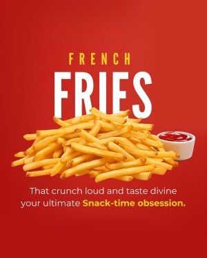 A promotional image of a pile of golden french fries with a small container of ketchup.