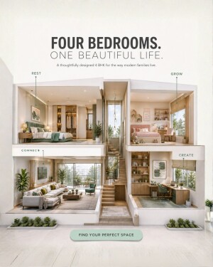 A cross-section illustration of a modern luxury 4BHK apartment with designated living spaces for rest, growth, connection, and creativity.
