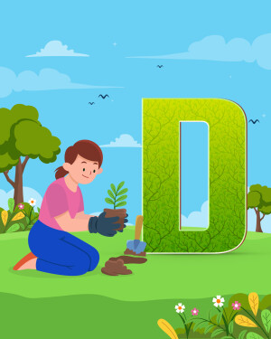 Illustration of a girl planting a seedling near a large letter 'D' made of leaves.