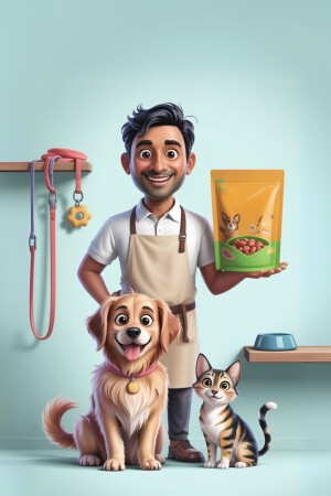A smiling man holding a bag of pet food with a dog and cat.