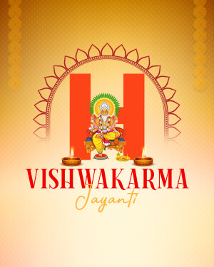 Vishwakarma Jayanti celebration with Lord Vishwakarma portrait and decorative elements