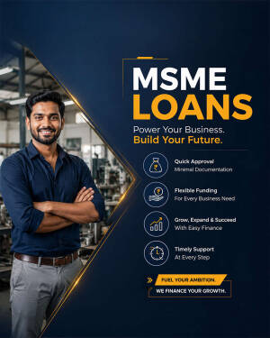 Professional entrepreneur standing in a workshop with MSME loan advertisement text