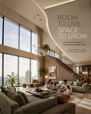 Family sitting in a spacious modern luxury 4 BHK apartment living room with floor-to-ceiling windows and city view