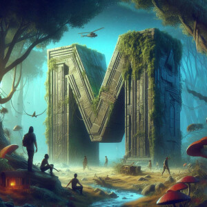 A large, moss-covered letter 'M' stands in a lush jungle environment with people exploring around it.