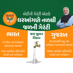 Image of Narendra Modi with text about water connection mission in Gujarat, India.