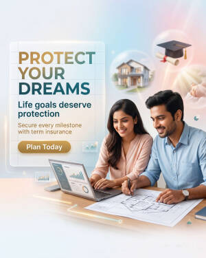 A smiling young couple planning their future with financial insurance, reviewing house blueprints and laptop data
