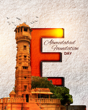 Image depicting a historical tower with the letter 'E' and text 'Ahmedabad Foundation Day'