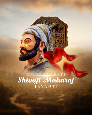 Portrait of Chhatrapati Shivaji Maharaj with his royal seal and celebratory banners