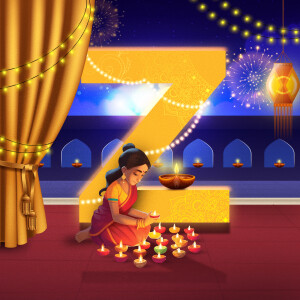 A woman lighting oil lamps during a Diwali celebration.