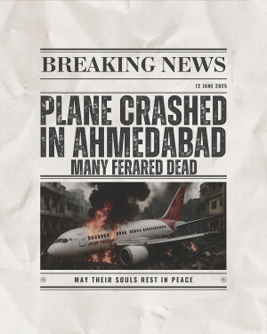 Newspaper headline reporting a plane crash in Ahmedabad with wreckage and smoke.