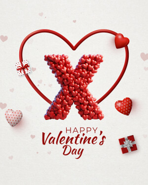 Red heart-shaped letter 'X' with Valentine's Day gifts
