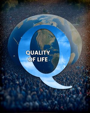 Globe with the letter Q and a crowd of people