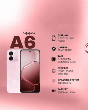 Oppo A6 smartphone displayed with technical specifications listed on a pink gradient background