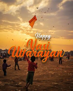 A boy flying a kite during Uttarayan festival at sunset.