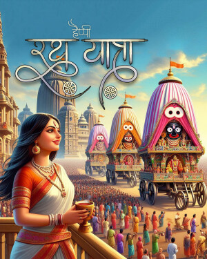 Illustration of Rath Yatra festival with chariots and a woman in traditional attire.