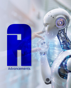 A white robot head with a human hand reaching towards it, with a blue 'H' and 'Advancements' text overlay.