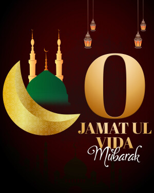 Islamic greeting card for Jamat Ul Vida with mosque and crescent moon