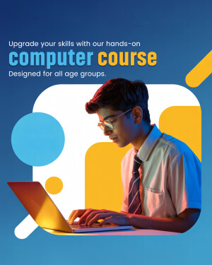 Young man using a laptop with text promoting a computer course.