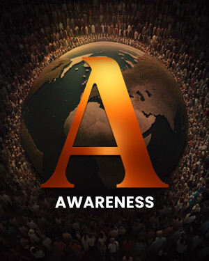 A glowing letter 'A' superimposed on a globe surrounded by people, with the word 'AWARENESS' below.