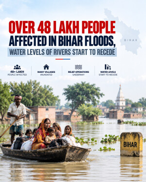 A family in a boat traveling through flooded streets in Bihar, India, with an infographic showing the scale of the flood impact.