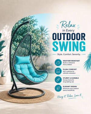 A stylish black outdoor hanging egg chair with vibrant teal cushions placed in a bright patio setting.