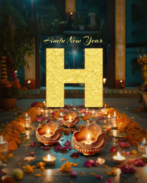 Golden 'H' with lit oil lamps for Hindu New Year