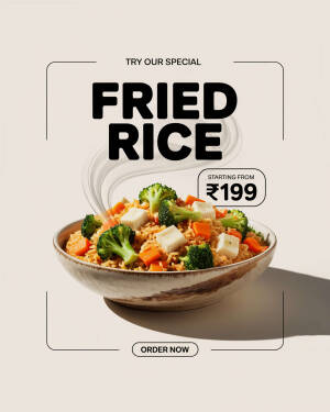 A bowl of vegetable fried rice with broccoli, tofu, and carrots, featured in a restaurant advertisement.