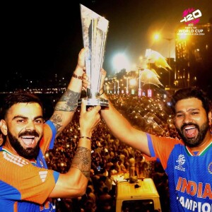 Virat Kohli and Rohit Sharma celebrating with the ICC World Cup trophy