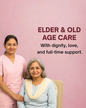 A healthcare worker standing with an elderly woman, promoting elder care services.