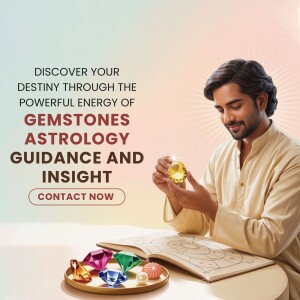 Man holding a gemstone with astrological chart and other gems