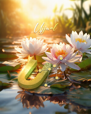 Lotus flowers and the letter 'U' in a serene water setting
