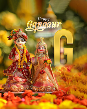 Two traditional Indian dolls celebrating Gangaur festival with a large golden 'G' in the background.