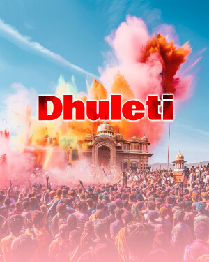 Crowd celebrating Dhuleti festival with colorful powder in front of a temple.