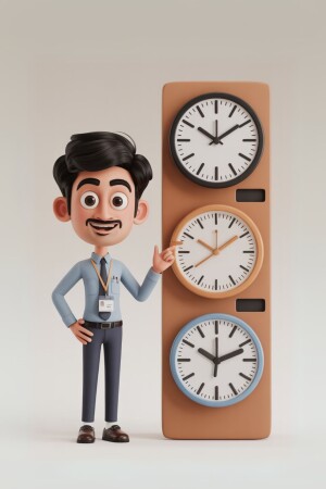 Cartoon man pointing at clocks representing time management