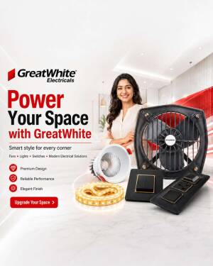 A smiling woman promoting GreatWhite electrical products including an exhaust fan, ceiling light, LED strip, and modern wall switches.