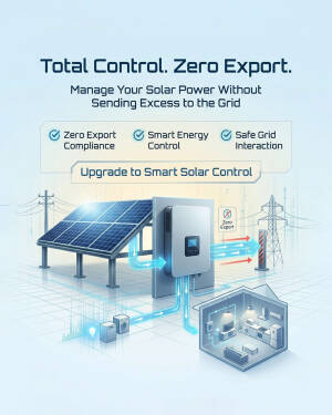 Diagram showing solar panels and inverter system with zero export grid technology