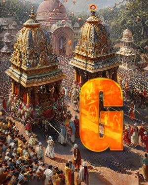 A vibrant illustration of the Rath Yatra festival with a large golden letter 'G' in the foreground.