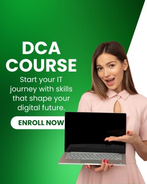 Woman presenting a laptop with DCA course advertisement
