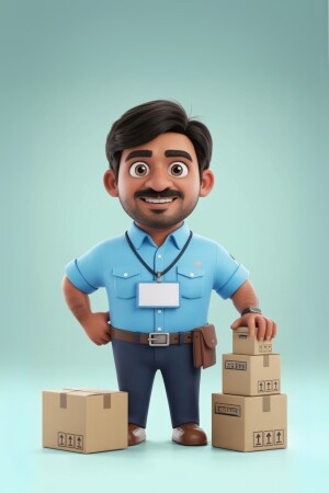 3D rendering of a smiling delivery man with packages