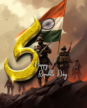 Indian soldiers with the national flag and the number 75 celebrating Republic Day