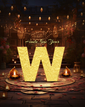 Golden letter 'W' with Diwali lamps and festive decorations for Hindu New Year