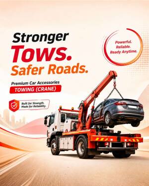 A heavy duty crane truck towing a grey car on a road under a bright sky with promotional text overlays.