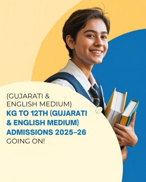 A smiling student holding books with an advertisement for school admissions in Gujarati and English medium.